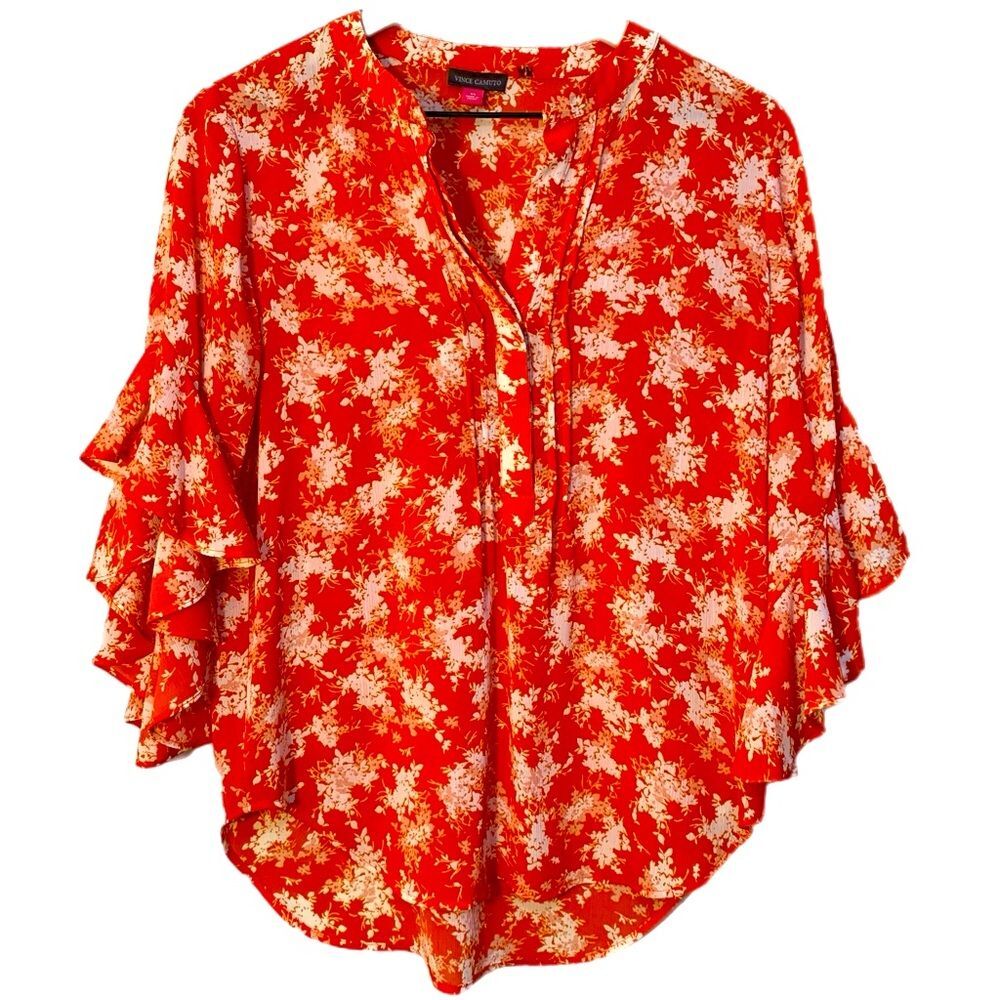 VINCE CAMUTO Sheer Ruffle Sleeve Blouse V-Neck Rounded Hem Orange White XS